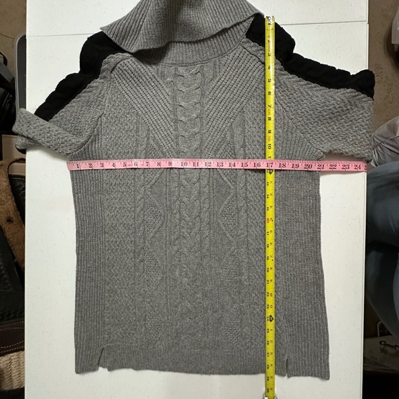 Renuar XL Gray Black Cable Knit Split Cowl Neck Tunic Sweater Dolman Long Sleeve - Picture 5 of 5
